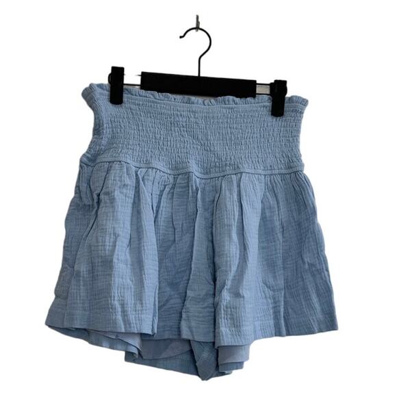 unknown Pants - Women's Light Blue High Waisted Rushed Shorts Flowy Summer Cotton Shirring M